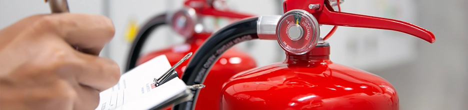 Someone with a clipboard and fire extinguishers