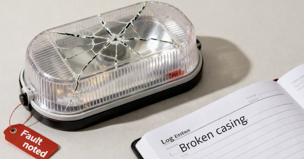 A broken emergency light with a 'Fault noted' tag next to an open notebook displaying 'Broken Casing'.