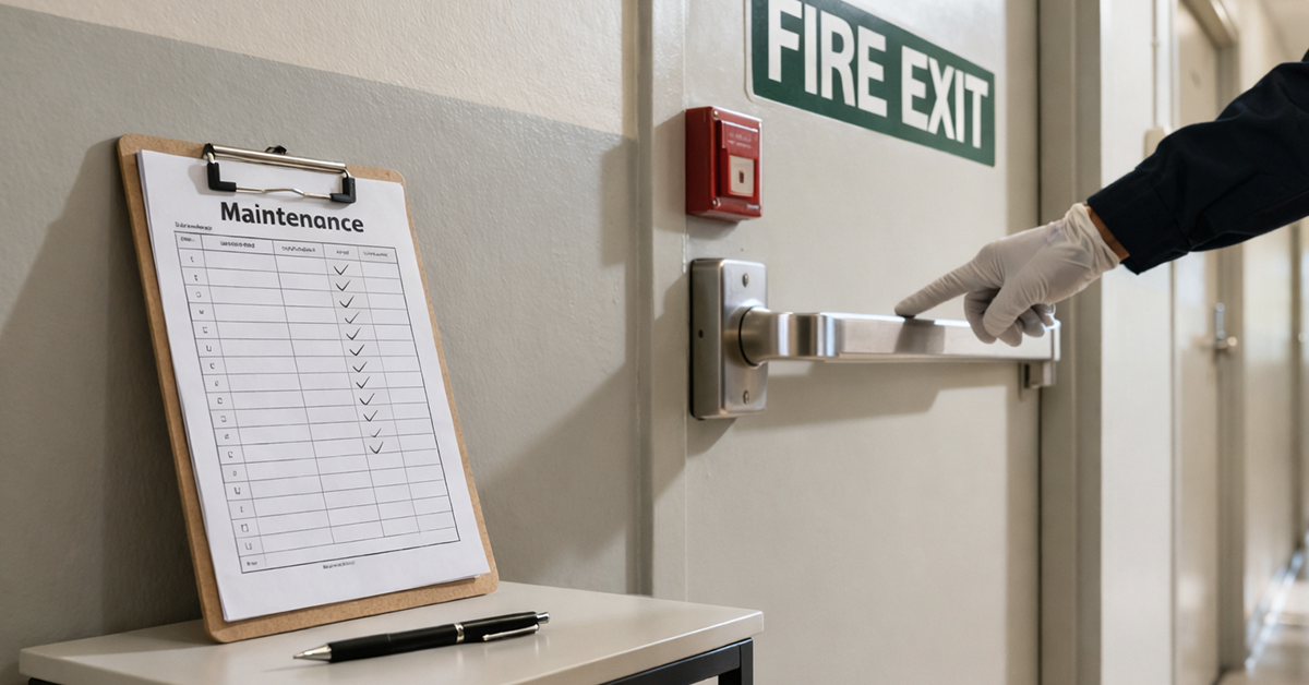 A gloved hand checks a fire exit door, with a maintenance checklist nearby.