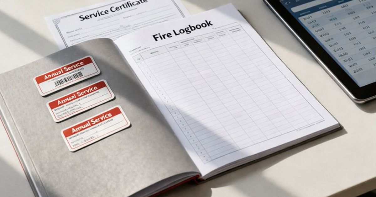 Documents related to fire safety: a logbook, service certificate, annual service stickers, and a tablet.
