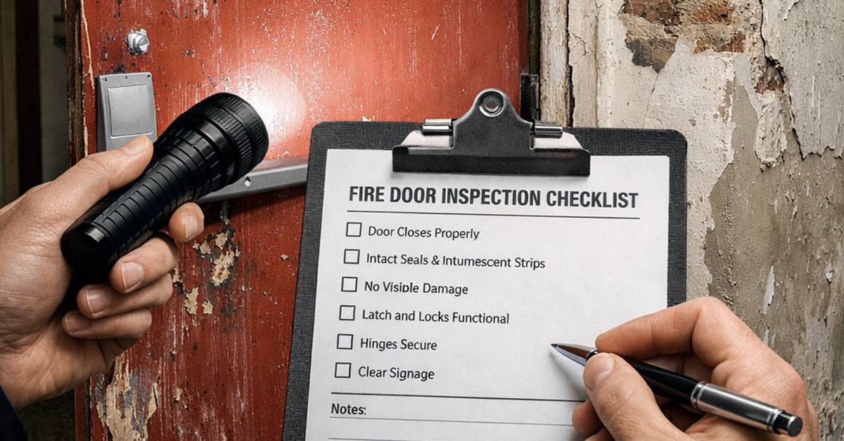 Hands hold a checklist and flashlight, inspecting a damaged fire door and wall in a hallway.