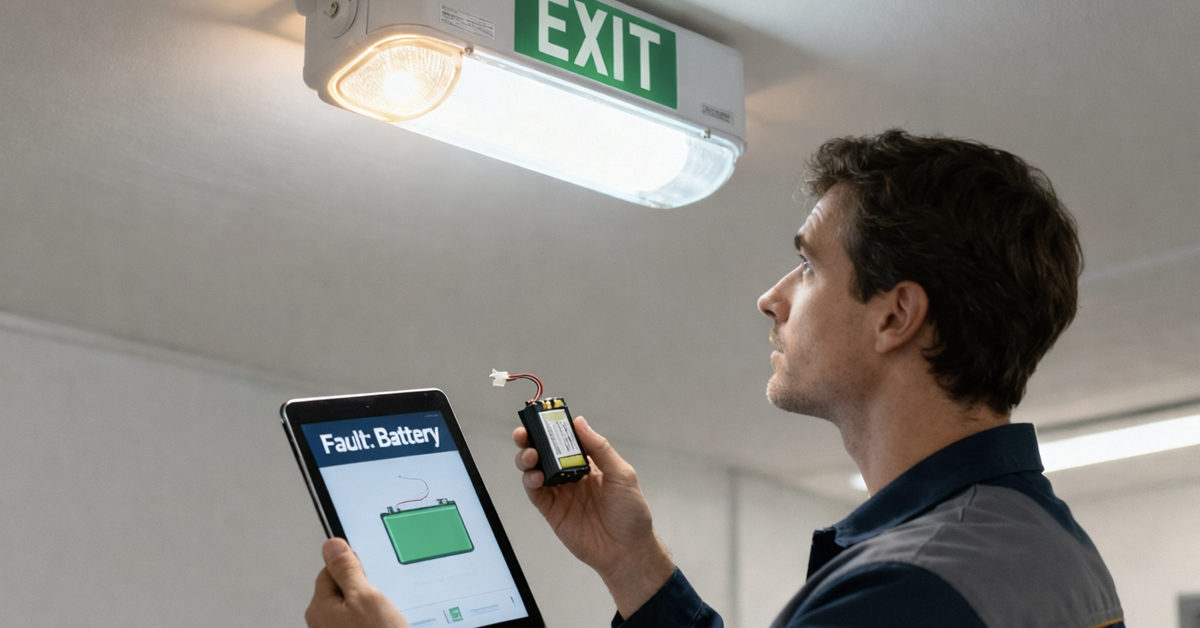 Technician inspecting a faulty emergency exit light, holding a tablet showing 'Fault: Battery' and a battery pack.