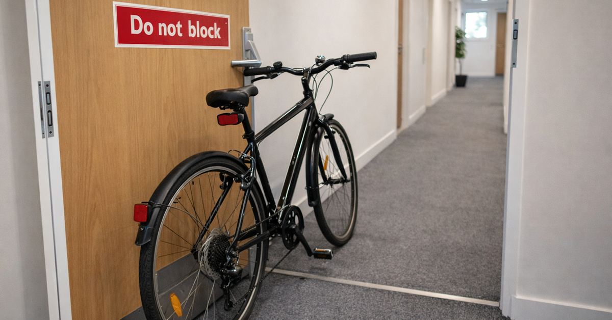 A bicycle blocks a door in a block of flats