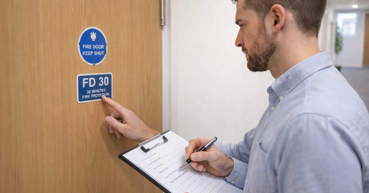 A man in a hallway inspects a fire door with an FD30 certification sign, holding a clipboard.