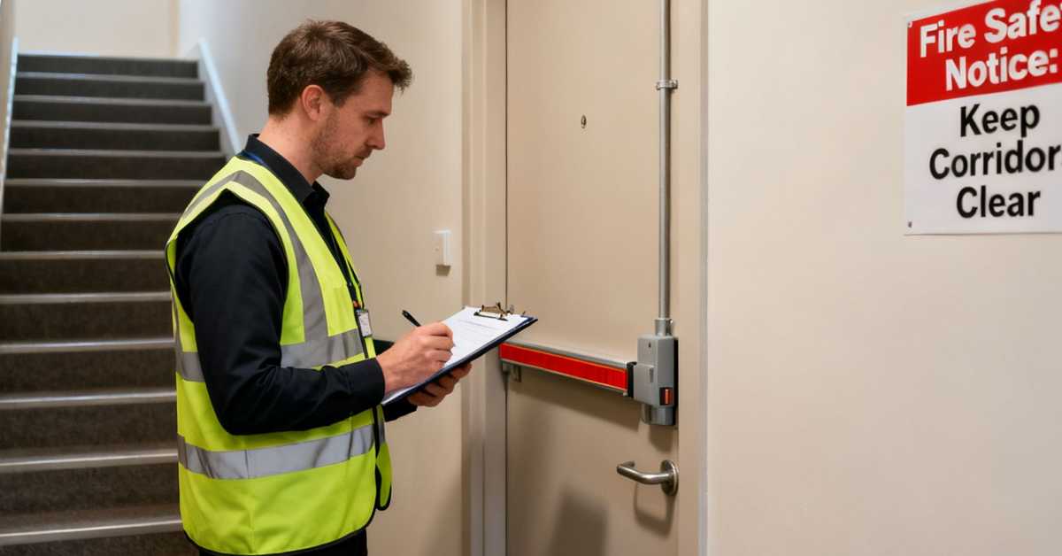 A man in a hi-vis vest conducts a fire safety inspection, writing on a clipboard by an exit door.