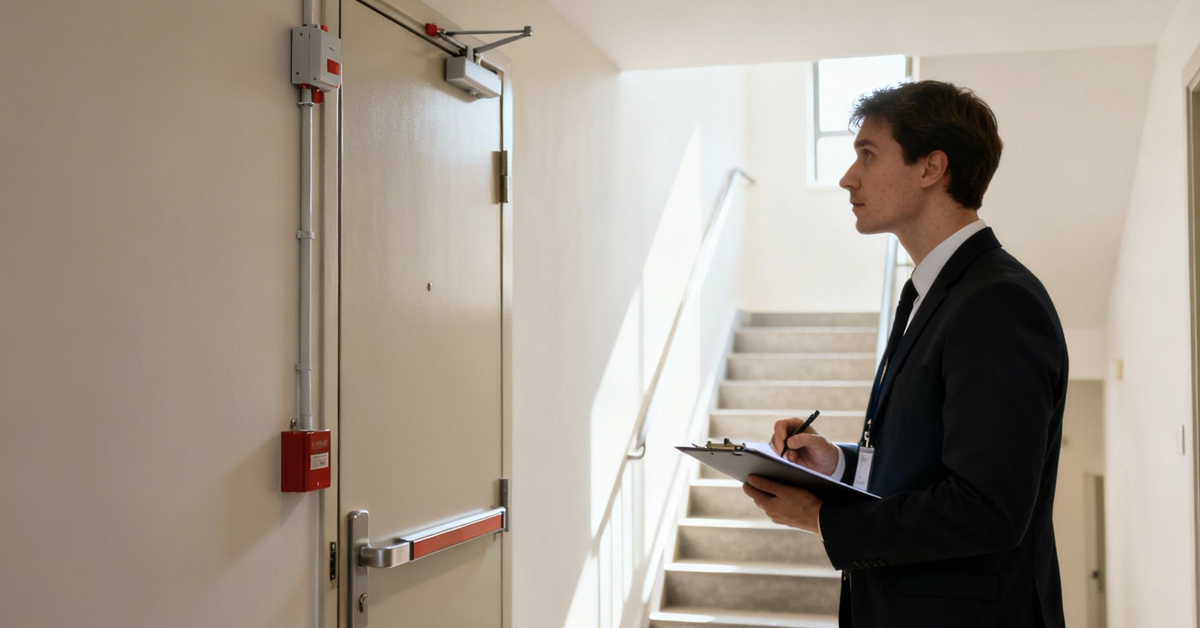A man in a suit inspects fire safety equipment and a fire door in a building hallway with stairs.