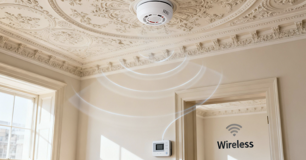 A modern wireless fire alarm system with a white smoke detector on an ornate ceiling, connecting to a wall panel.
