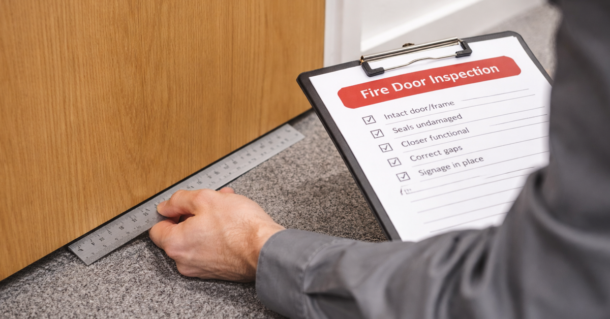 A person in a gray uniform measures a fire door gap with a ruler while holding a checklist.
