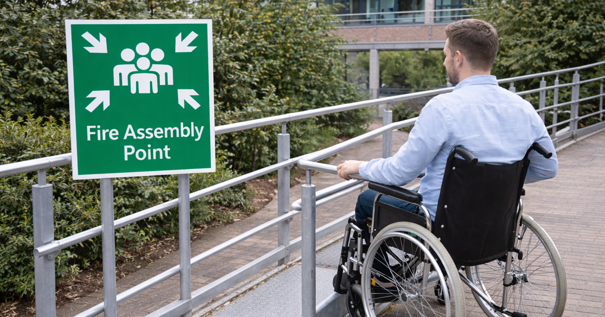 A person in a wheelchair on a metal ramp next to a red Fire Assembly Point sign.