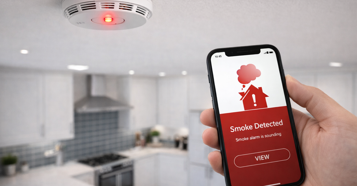 A smoke detector on a ceiling in a modern kitchen, with a smartphone displaying a smoke detection alert.