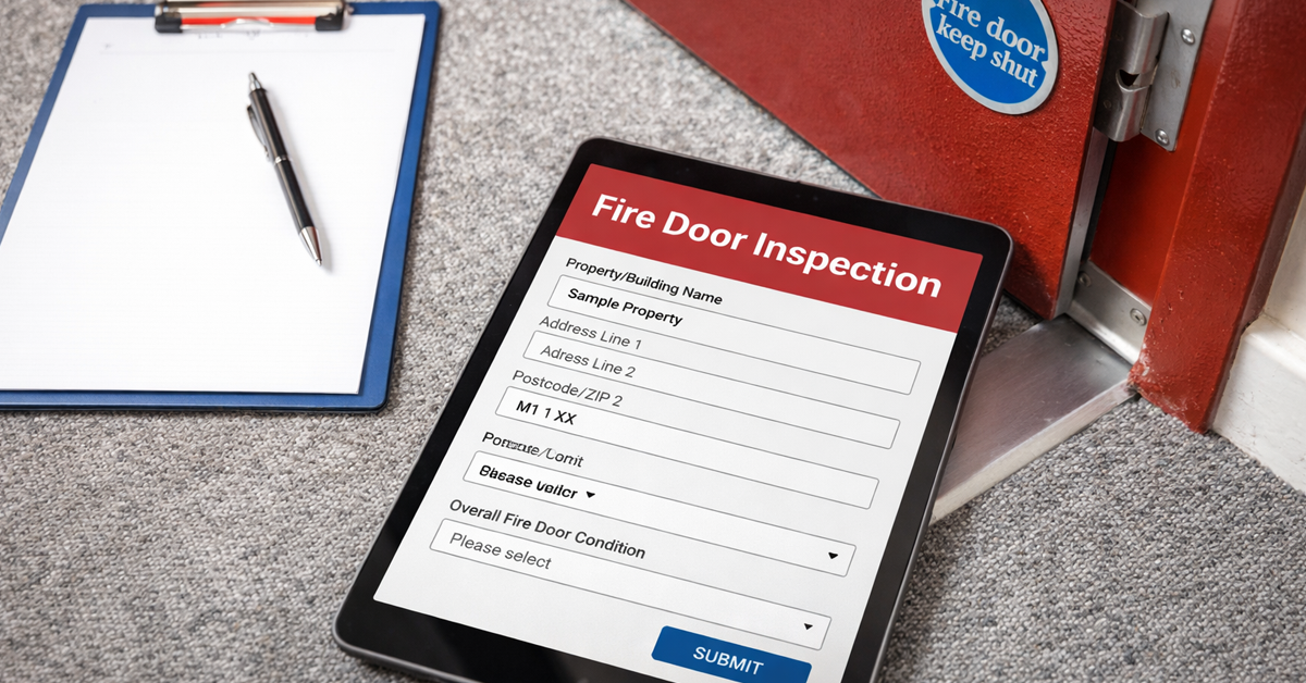 A tablet displaying a 'Fire Door Inspection' form, clipboard, and pen on the floor next to a fire door.