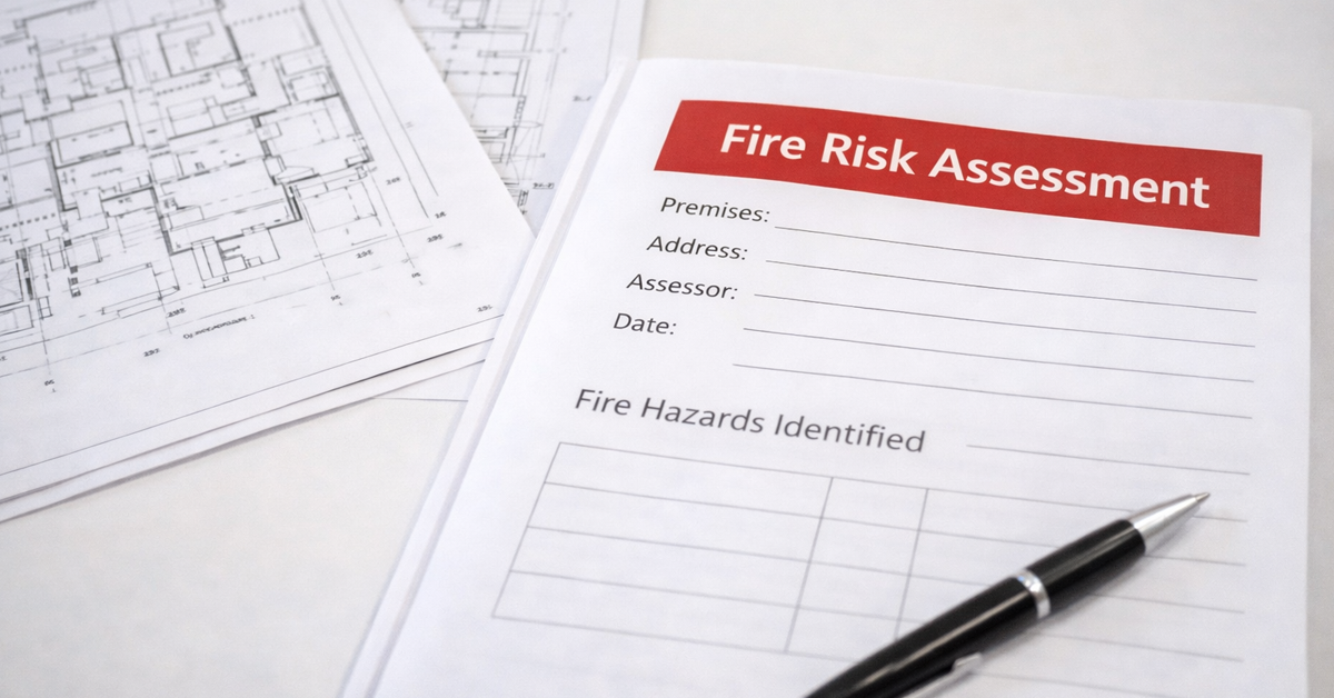 An open fire risk assessment document with a pen and building drawing on a white desk.