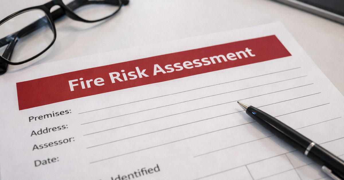 Close-up of a Fire Risk Assessment document with glasses, pen, and tablet on a white desk.