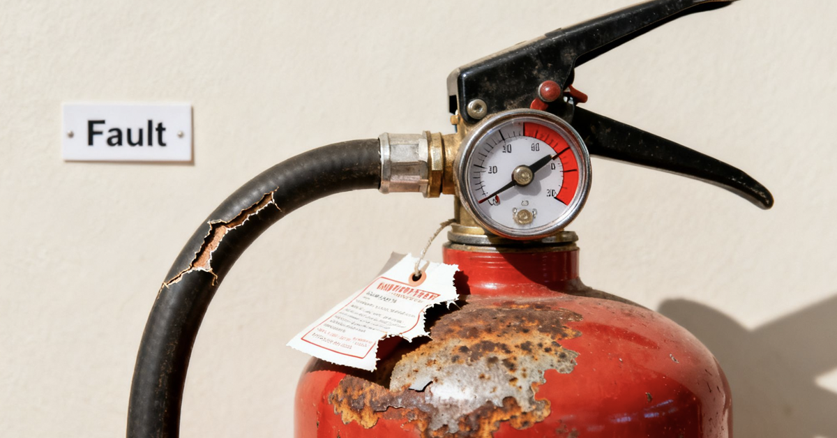 Close-up of a severely damaged and rusty fire extinguisher with a cracked hose and a 'Fault' sign.