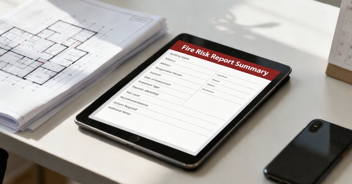 Ipad tablet showing a fire risk report summary 
