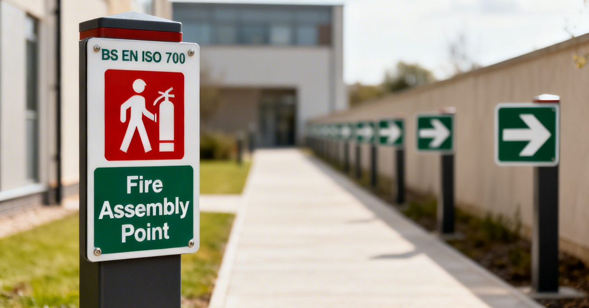 Fire assembly point sign with person and extinguisher icon, alongside a path with green arrow signs leading to a building.