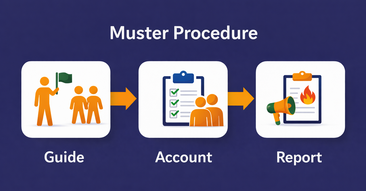 Flowchart illustrating a three-step muster procedure: guide, account, and report, with corresponding icons.
