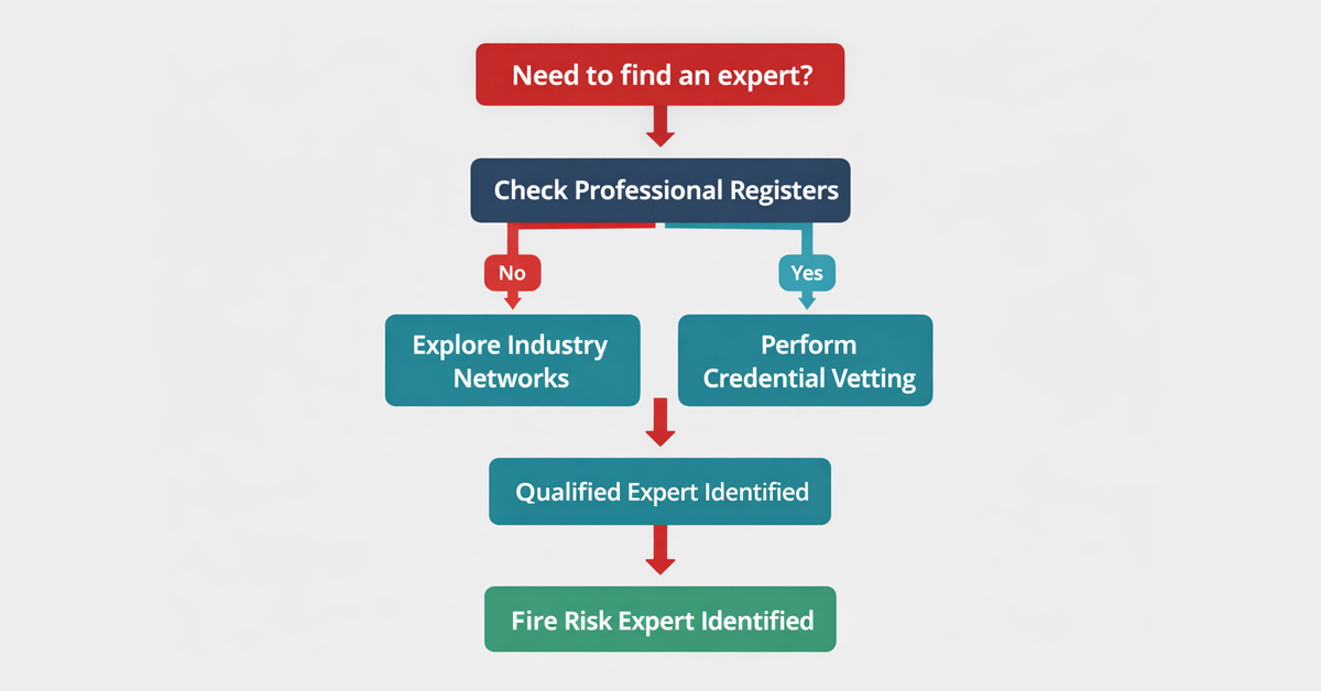 Flowchart outlining an expert locator decision path, covering professional registers, industry networks, and credential vetting.