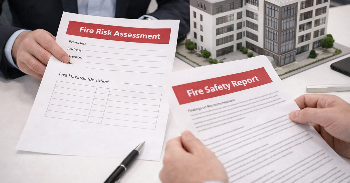 Two business people review fire safety documents and a building model on a table.