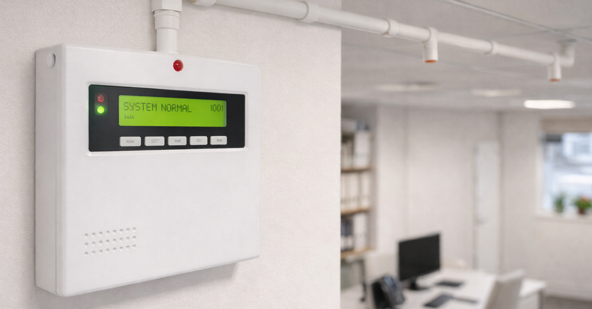 White pipes and a control unit in an open cabinet on a light-colored hallway wall.