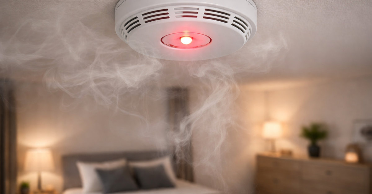 White smoke alarm on a ceiling detects smoke in a bedroom, glowing with a red light.