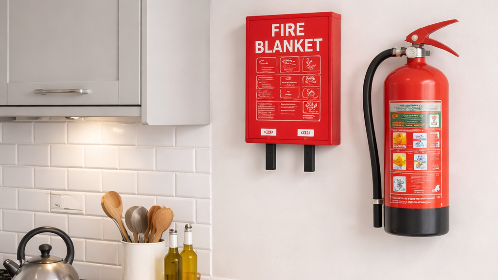 A clean kitchen corner featuring a smoke detector, a red fire blanket box, and a fire extinguisher.