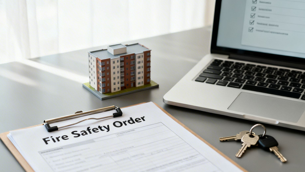 A desk with a 'Fire Safety Order' document, laptop showing a checklist, building model, and keys.