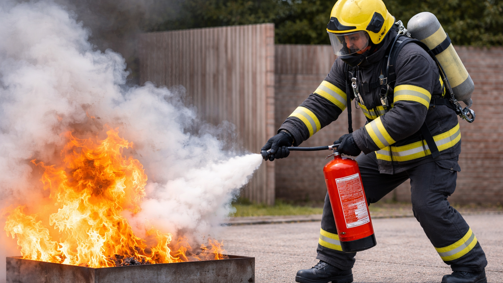 A firefighter in protective gear uses a red fire extinguisher to put out a small training fire.