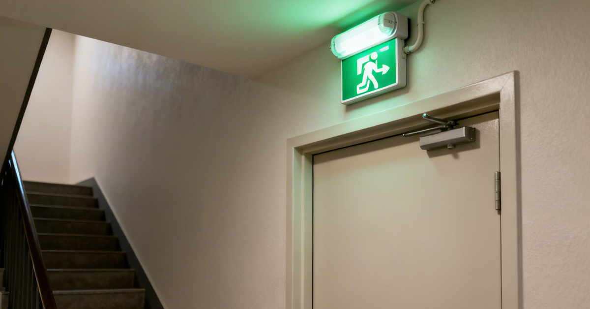 A green illuminated emergency exit sign hangs above a light-coloured door with a door closer, next to a staircase.