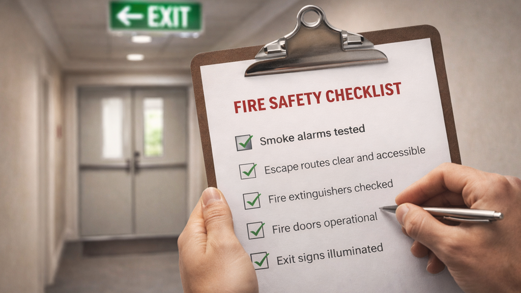 A hand holds a fire safety checklist on a clipboard in a building hallway with an illuminated exit sign.