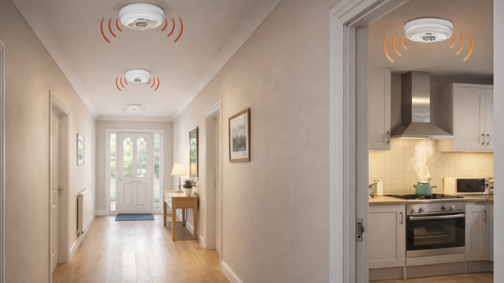 A long, bright hallway inside a home, featuring multiple smoke alarms on the ceiling and a kitchen with a heat alarm.