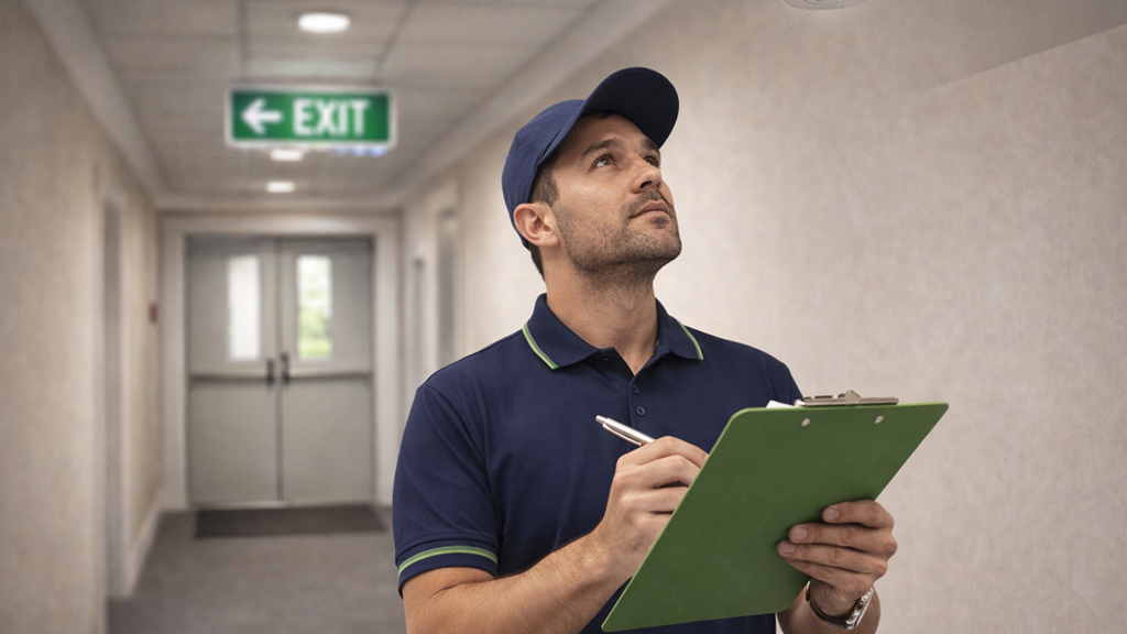 A man in a hallway inspects a smoke detector on the ceiling while writing on a clipboard.