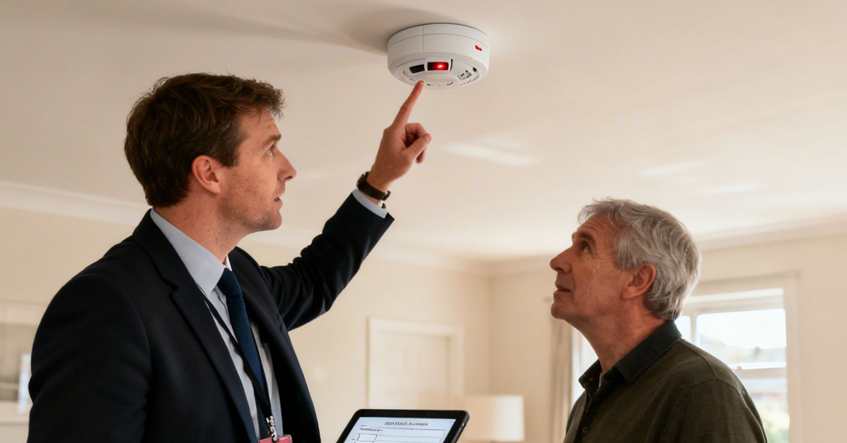 A man in a suit points at a smoke alarm on the ceiling, explaining to an older man in a living room.