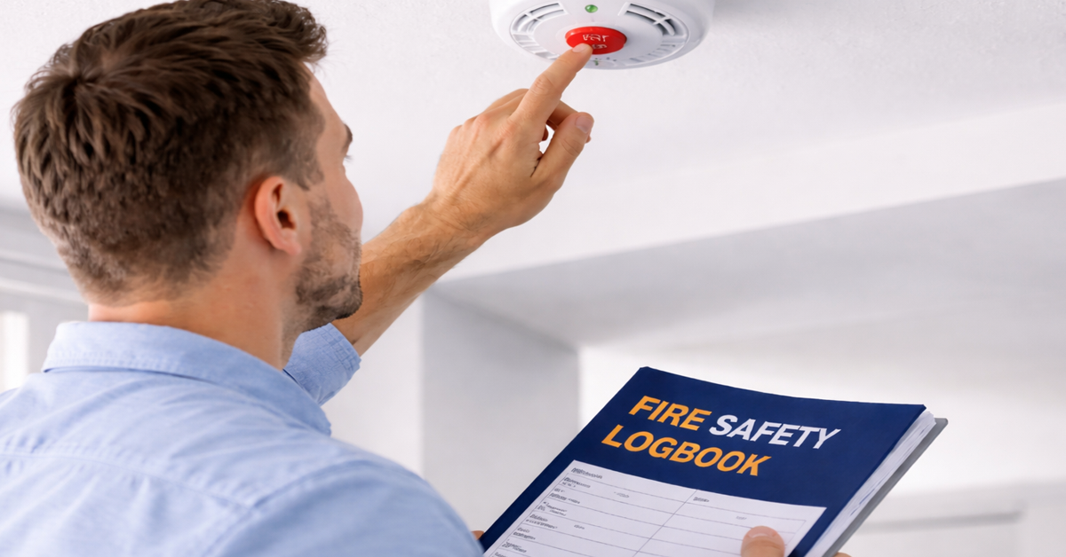 A person tests a smoke alarm by pressing its red button while holding a logbook.