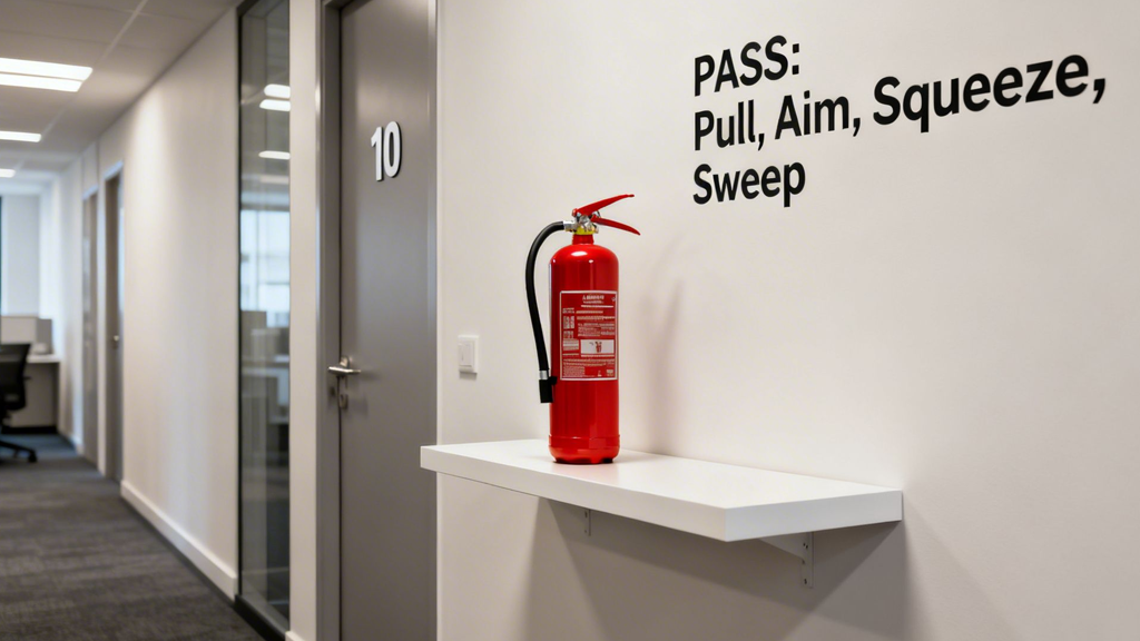 A red fire extinguisher on a white shelf in an office hallway with PASS instructions.
