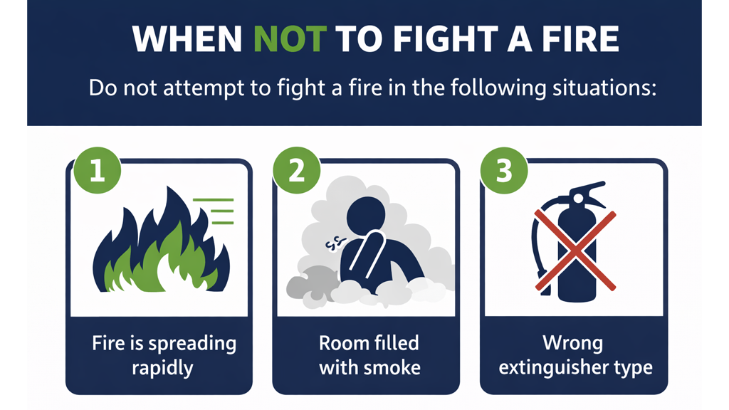 A safety poster outlining three situations when not to fight a fire: rapid spread, smoke-filled room, or using the wrong extinguisher type.