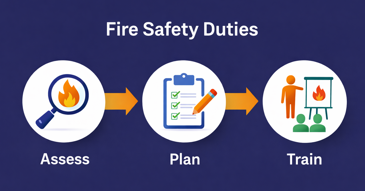 A three-step process flow for fire safety duties: assess, plan, and train, with icons.