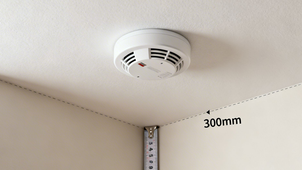 A white smoke detector is installed on a white ceiling, positioned 300mm from the corner.