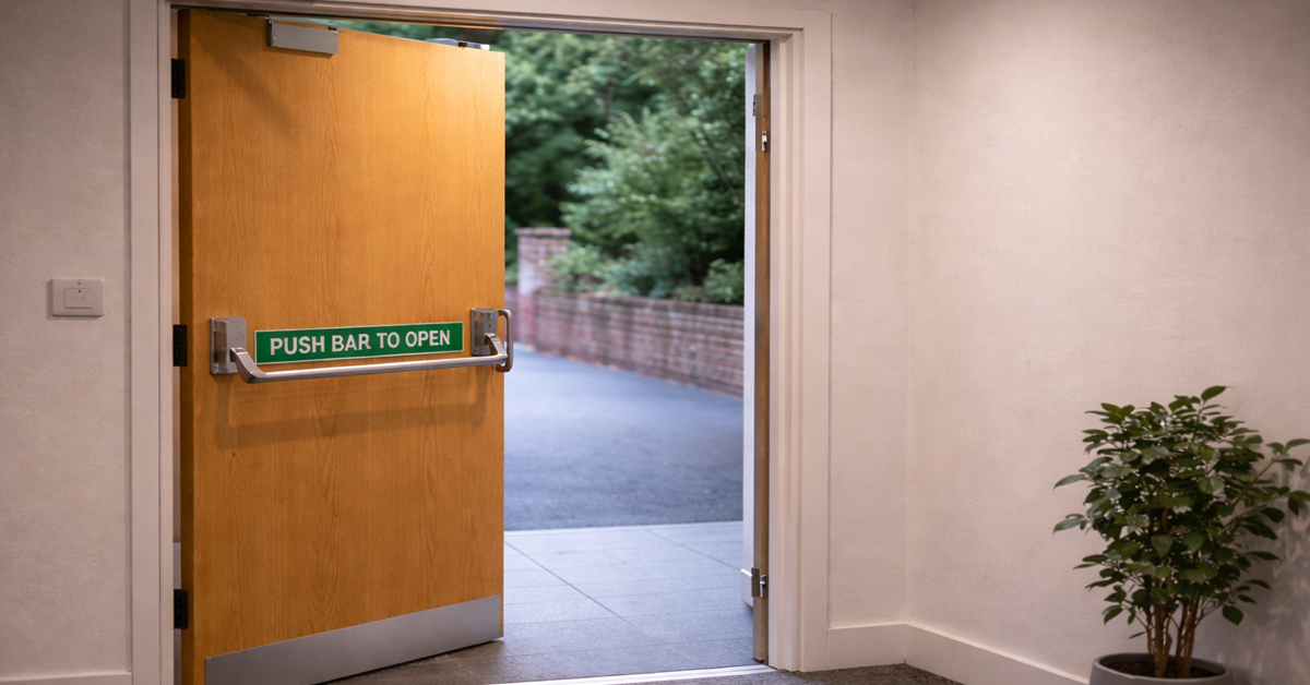 An open fire exit door with a self-closing mechanism in a dimly lit hallway.
