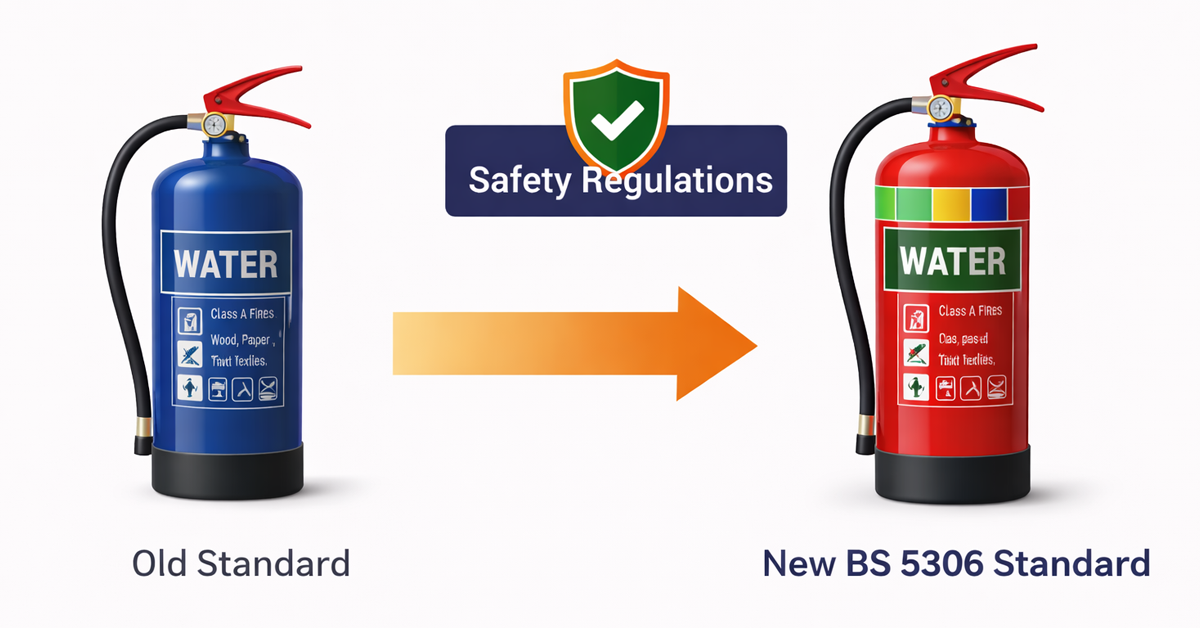 Diagram showing the evolution of fire extinguisher standards from an old blue design to a new red one, prompted by safety regulations.