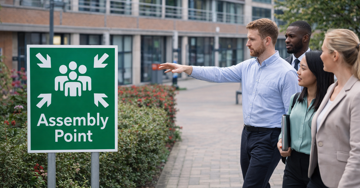 Diverse professionals follow a leader past an 'Assembly Point' sign on a campus walkway.