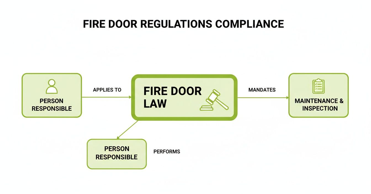 Flow chart illustrating fire door regulations compliance, showing responsible persons, laws, maintenance, and inspection.