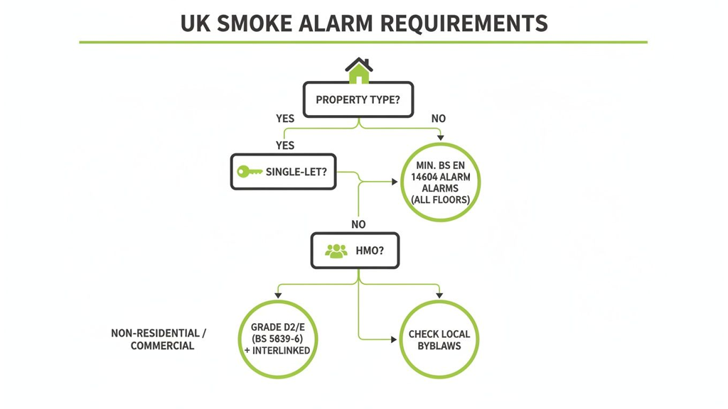 Flowchart outlining UK smoke alarm requirements based on property type, including single-let and HMO.