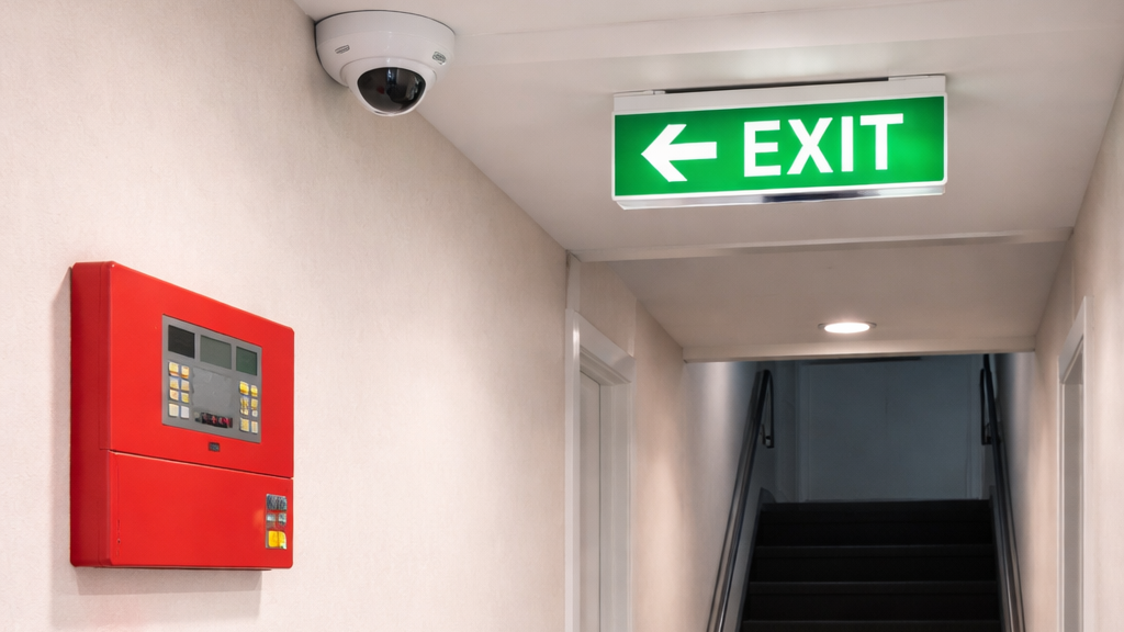 Hallway with a fire alarm panel, CCTV camera, and bright green exit sign above a dark staircase.