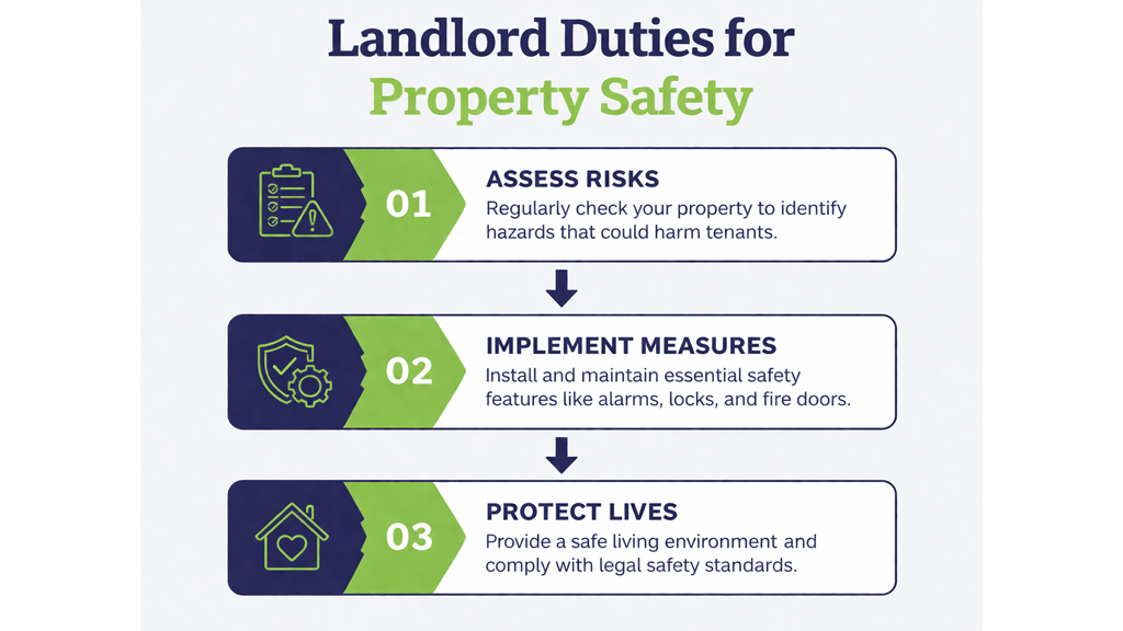 Infographic showing landlord duties for property safety: Assess Risks, Implement Measures, and Protect Lives of tenants.