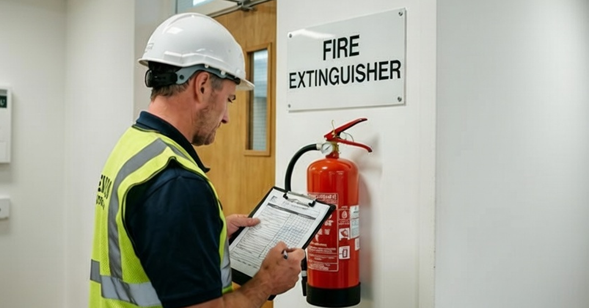Man auditing a red fire extinguisher with a safety checklist on a clipboard.