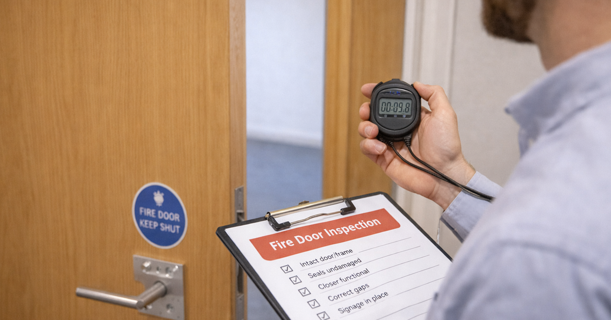 Person inspecting a fire door, holding a clipboard and stopwatch during a self-closure test.