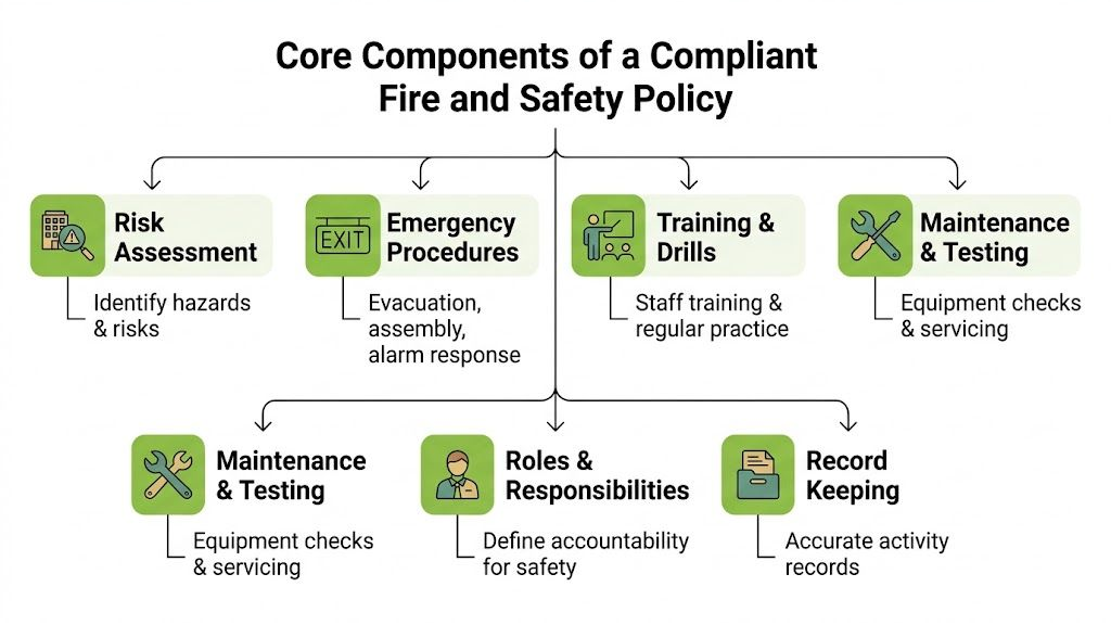 A flowchart outlining the core components of a compliant fire and safety policy including risk assessment and training.