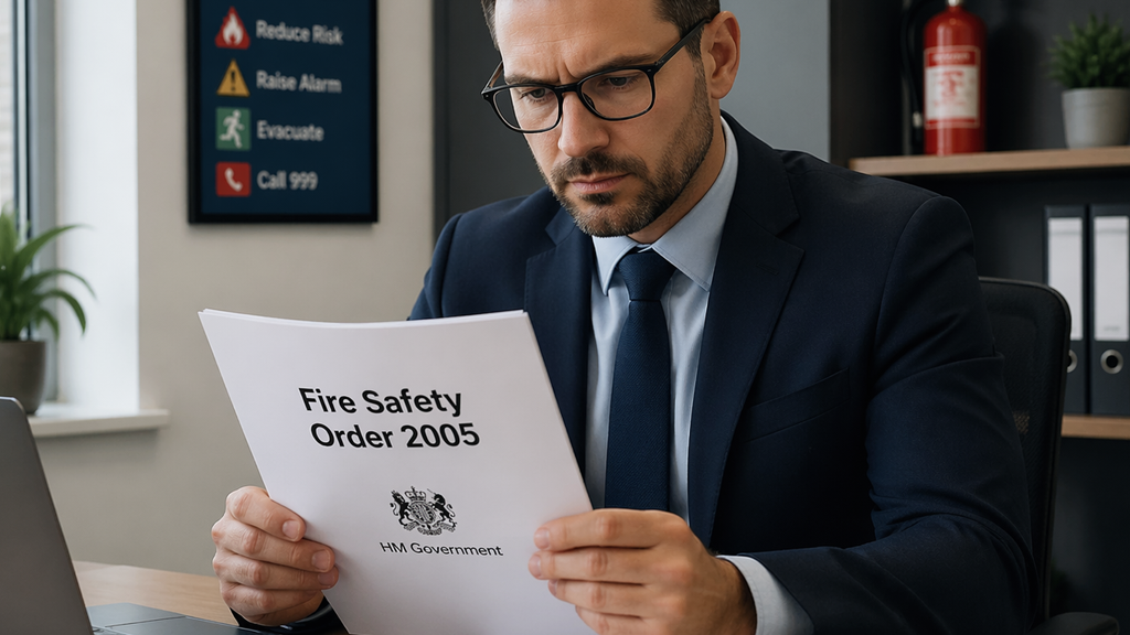 A professional man in a business suit reviewing a document titled Fire Safety Order 2005 in an office.