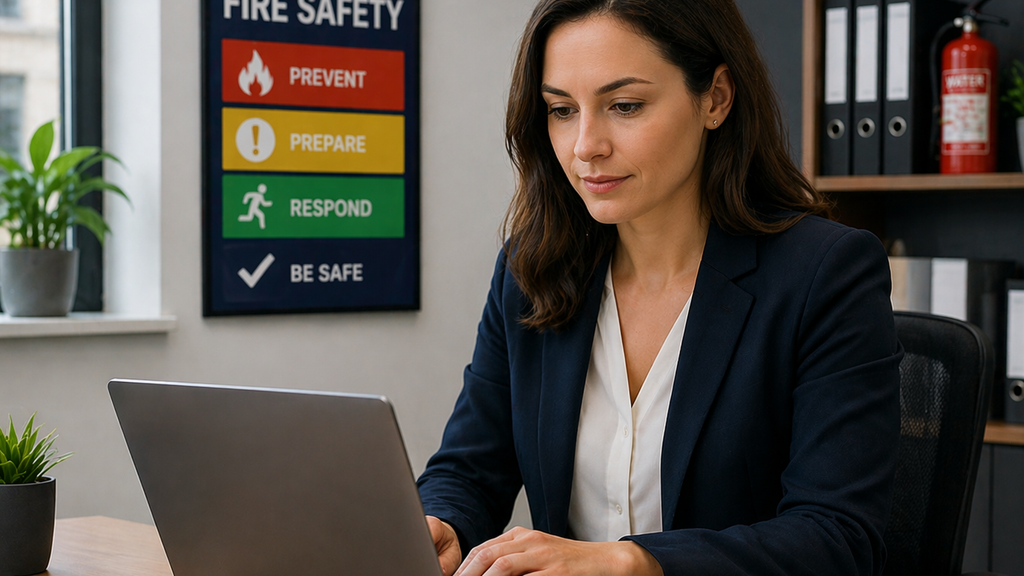 A professional woman working on a laptop computer to manage fire safety records in an office setting.